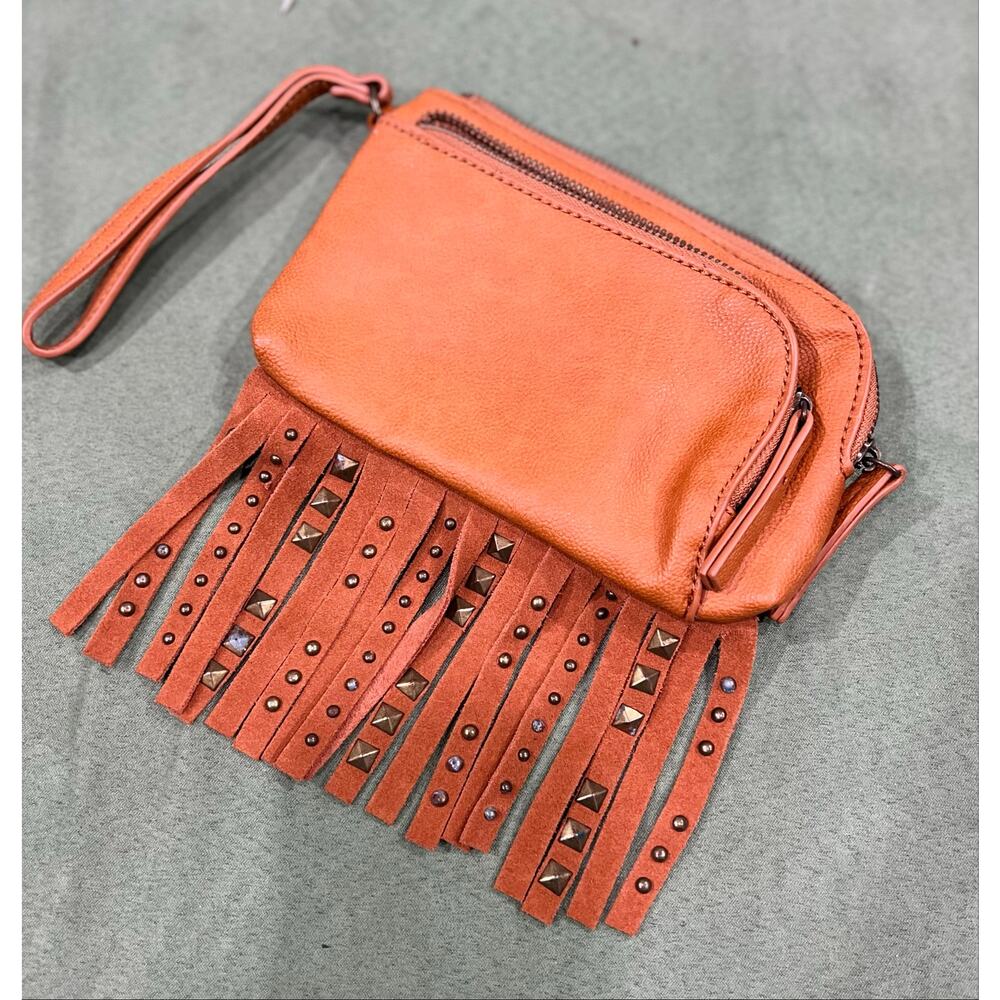 Vintage Sharif Brown/Tan Wristlet Wallet Clutch w/ Suede Fringe Studded Tassels - Picture 6 of 8